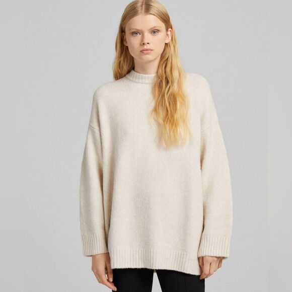 Bershka Round Neck Sweater Beige Oversized Size S - Picture 1 of 13